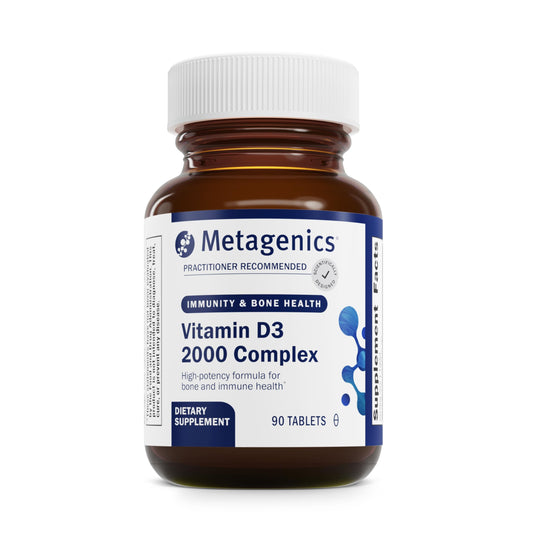 Metagenics D3 2000 IU bottle shown for daily bone health support