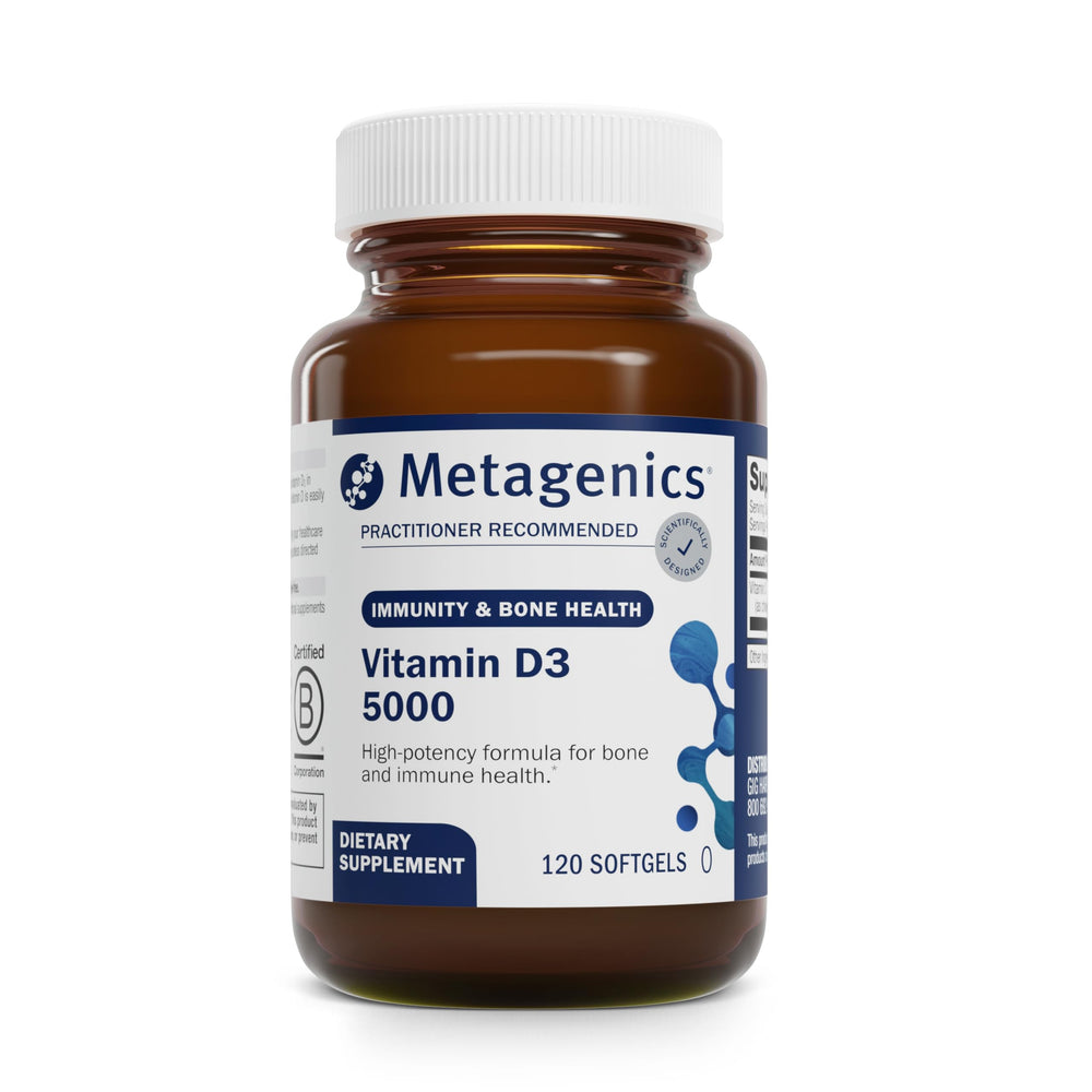Metagenics Vitamin D3 5000 IU bottle on shelf highlighting immune support potential.