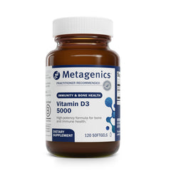 Metagenics Vitamin D3 5000 IU bottle on shelf highlighting immune support potential.