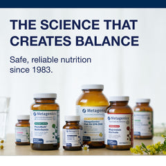 Hand holding Metagenics D3 + K2 softgels for daily use.