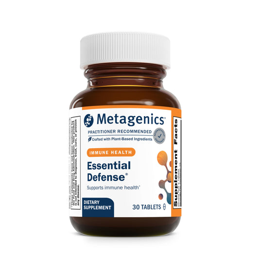 Metagenics Essential Defense bottle-front showcasing immune-support herbal formula.