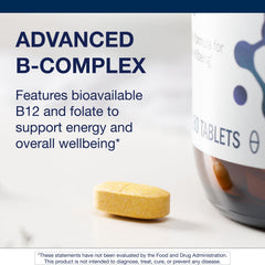 Label detail highlights folate and other nutrients on Metagenics B-Complex bottle.