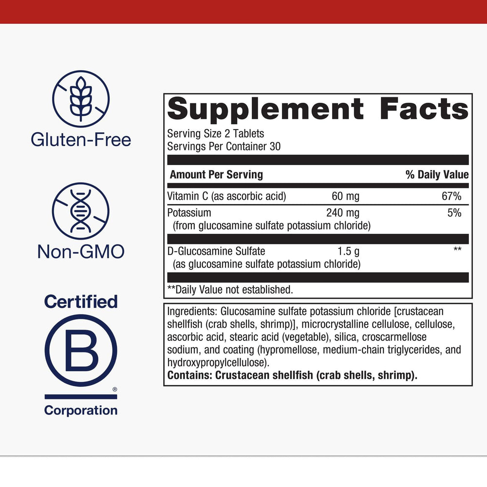 Metagenics glucosamine sulfate bottle pour illustrating easy daily dosing for joints