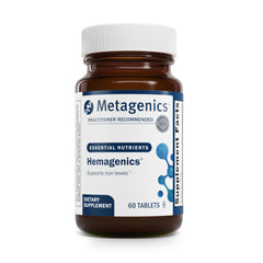 Metagenics Hemagenics iron tablets bottle, showing daily energy support.