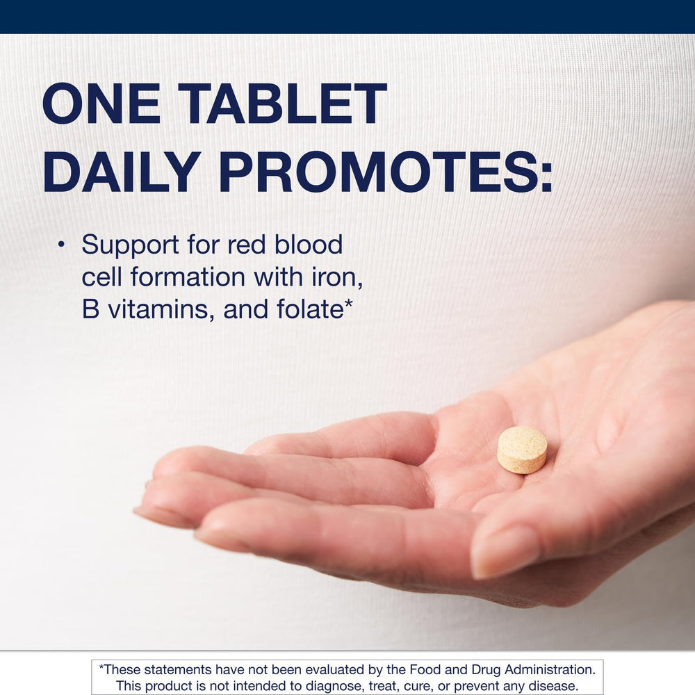 Close-up of Hemagenics iron tablets, gentle iron for digestion comfort.