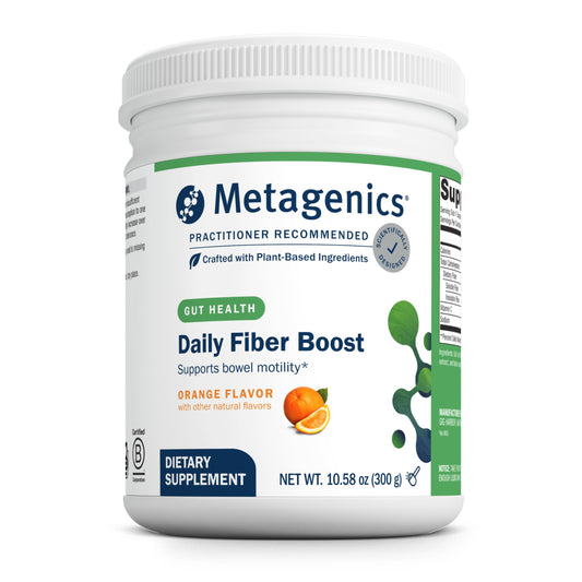 Metagenics Herbulk Fiber Powder bottle with orange flavor supports daily gut balance.