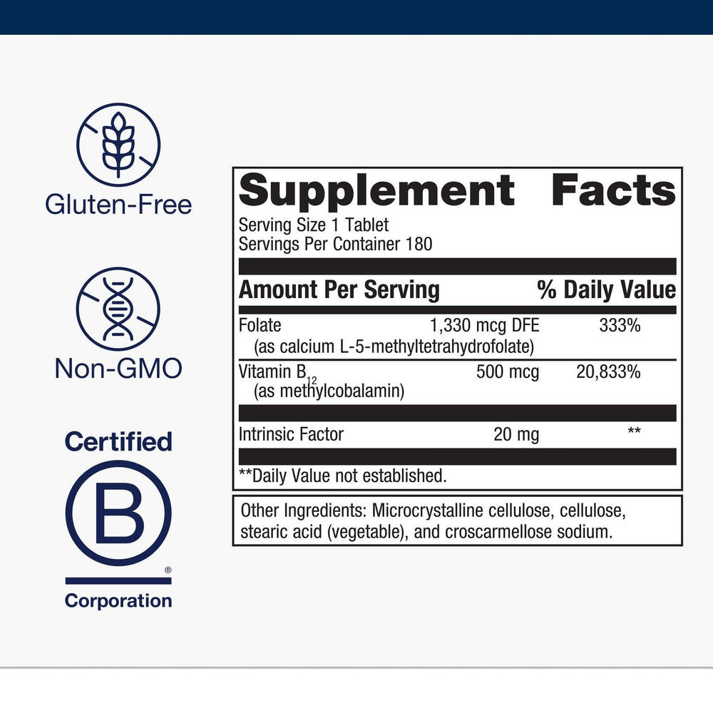 Metagenics Intrinsi B12-Folate label showing non-GMO and gluten-free details.