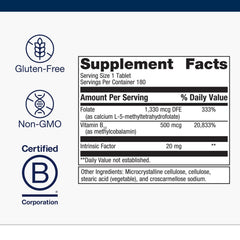 Metagenics Intrinsi B12-Folate label showing non-GMO and gluten-free details.