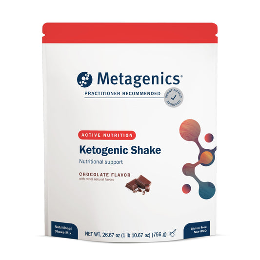 Metagenics Ketogenic Shake chocolate bottle showing keto-friendly nutrition for steady energy