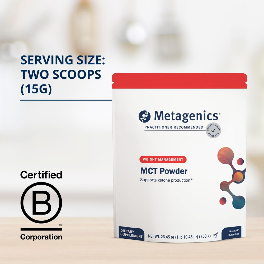Metagenics MCT Powder being poured into a glass for a smooth energy boost