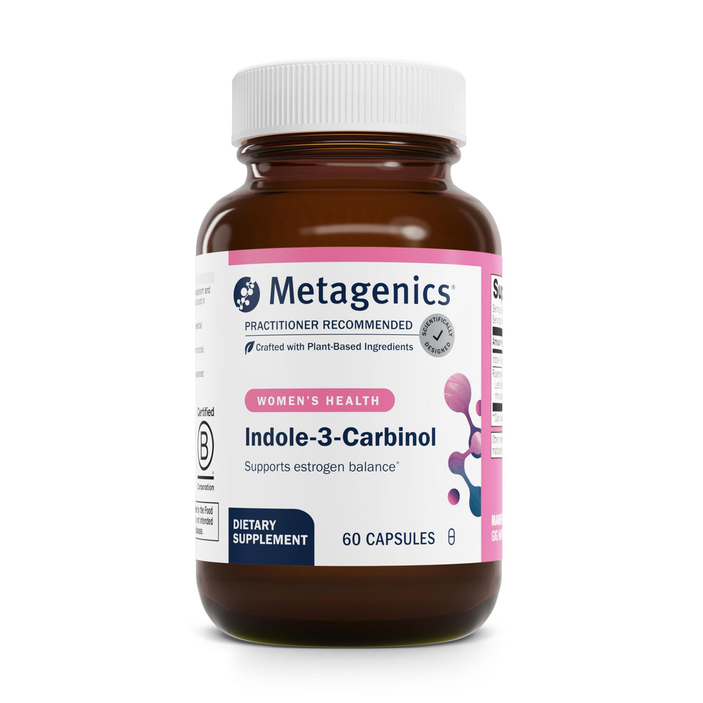 Metagenics Meta Indole-3-Carbinol bottle front with capsules for estrogen balance