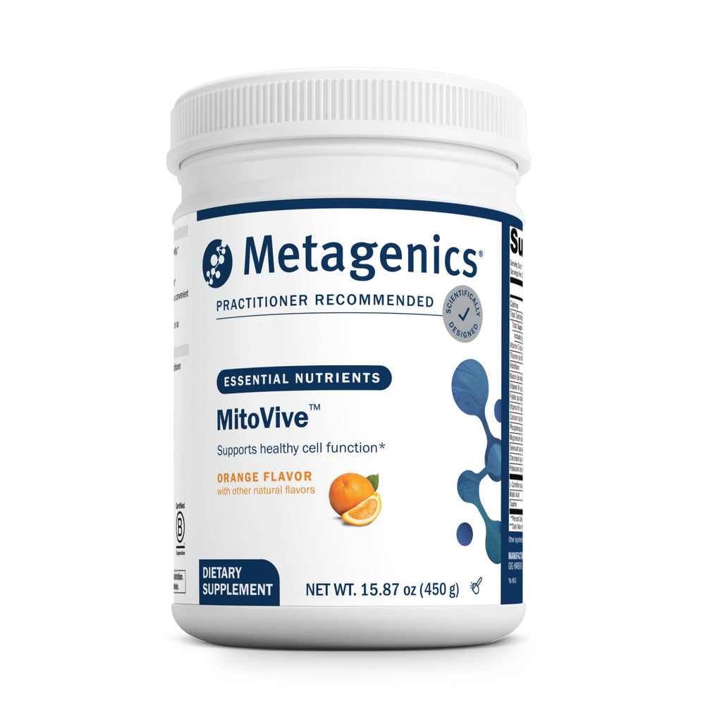 Metagenics MitoVive orange powder bottle for daily energy support