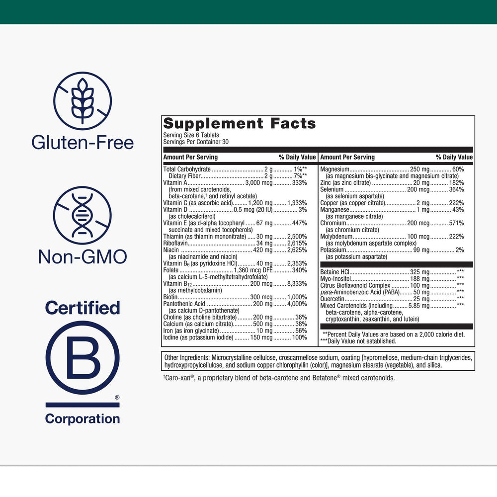 Metagenics Multigenics supplement facts show calcium, iron, and B vitamins for key needs