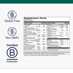 Metagenics Multigenics supplement facts show calcium, iron, and B vitamins for key needs