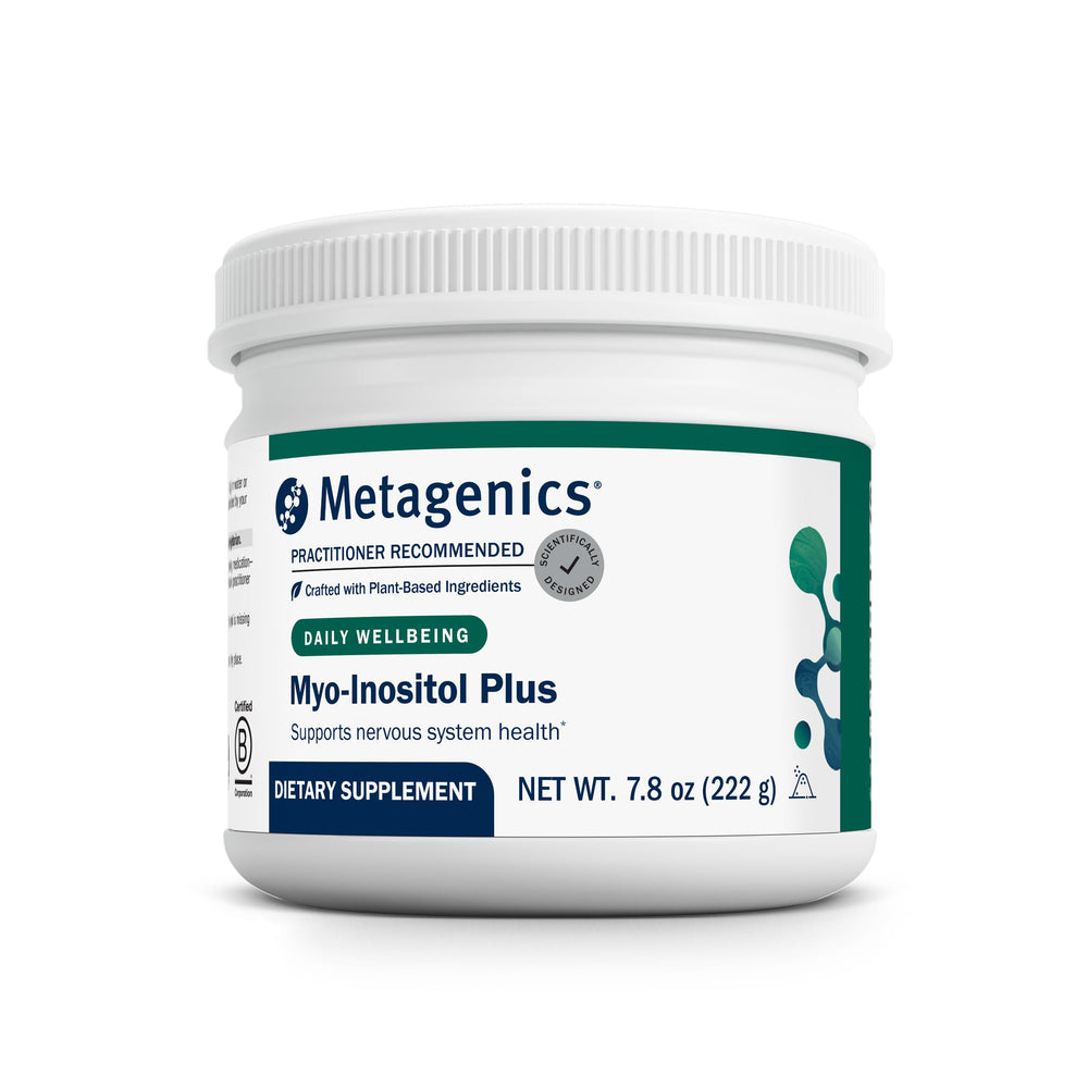 Metagenics Myo-Inositol Plus bottle label highlighting ingredients for nervous system support.