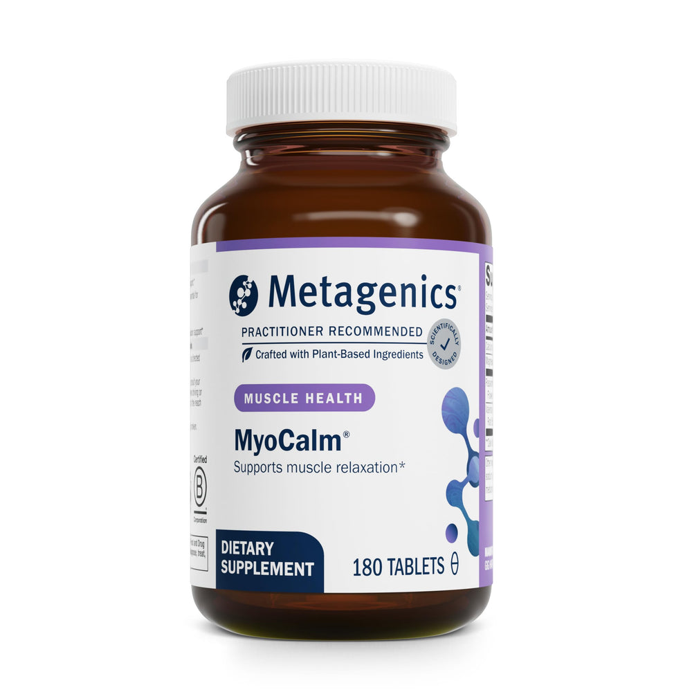 Metagenics MyoCalm bottle label highlights non-GMO gluten-free mineral support