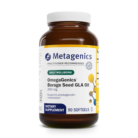 Metagenics OmegaGenics bottle with 240 mg GLA softgels for daily use