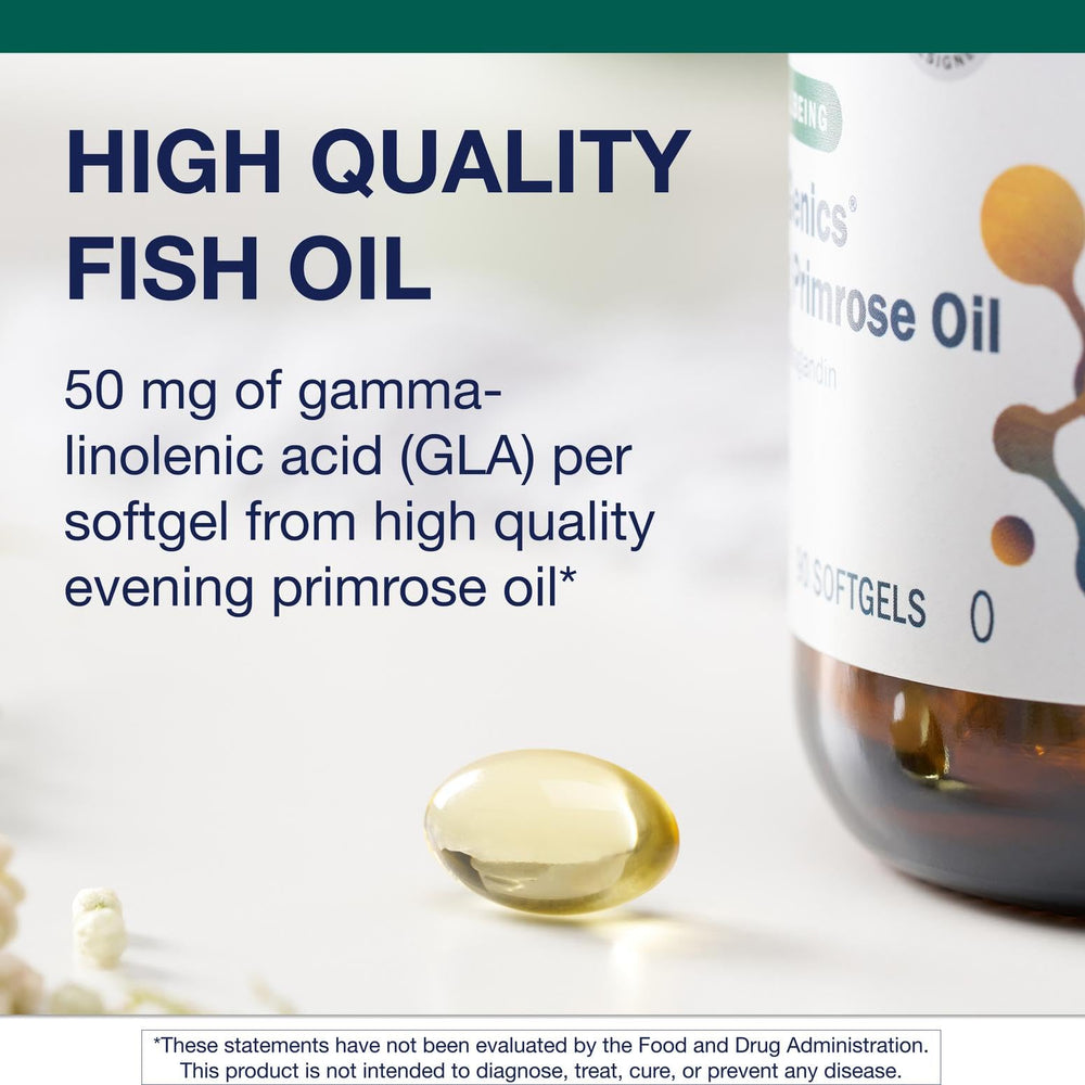 Metagenics OmegaGenics label close-up emphasizing non-GMO and gluten-free quality.