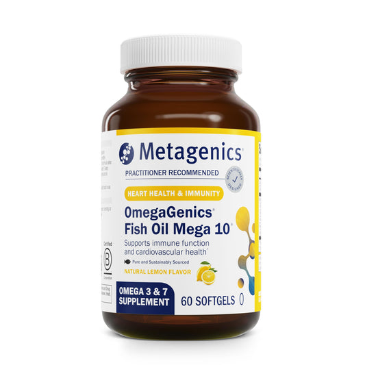 Metagenics OmegaGenics Mega 10 bottle front view for daily omega intake and potential heart support