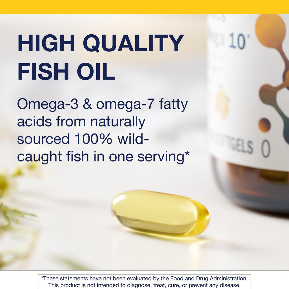 Metagenics OmegaGenics Mega 10 label close-up showing EPA and DHA for brain and eye wellness