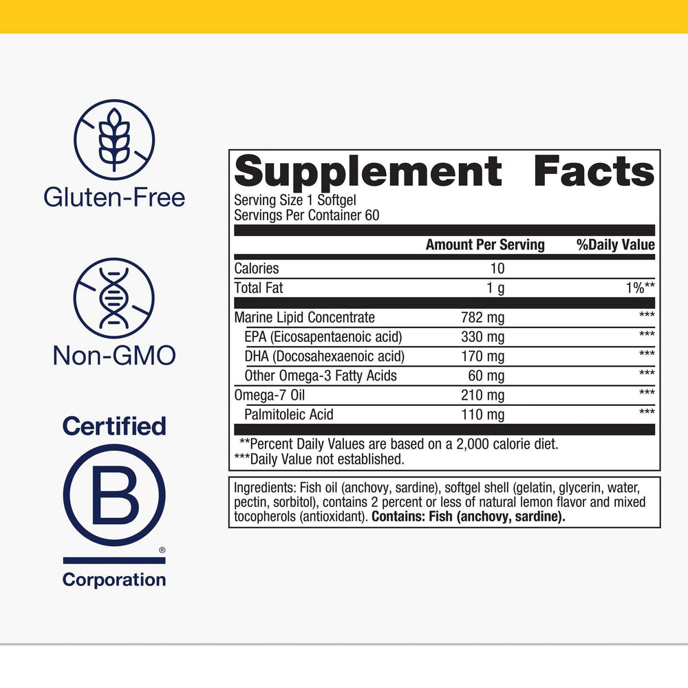 Metagenics OmegaGenics Mega 10 sustainability badge highlighting responsibly sourced fish oil