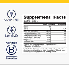 Metagenics OmegaGenics Mega 10 sustainability badge highlighting responsibly sourced fish oil