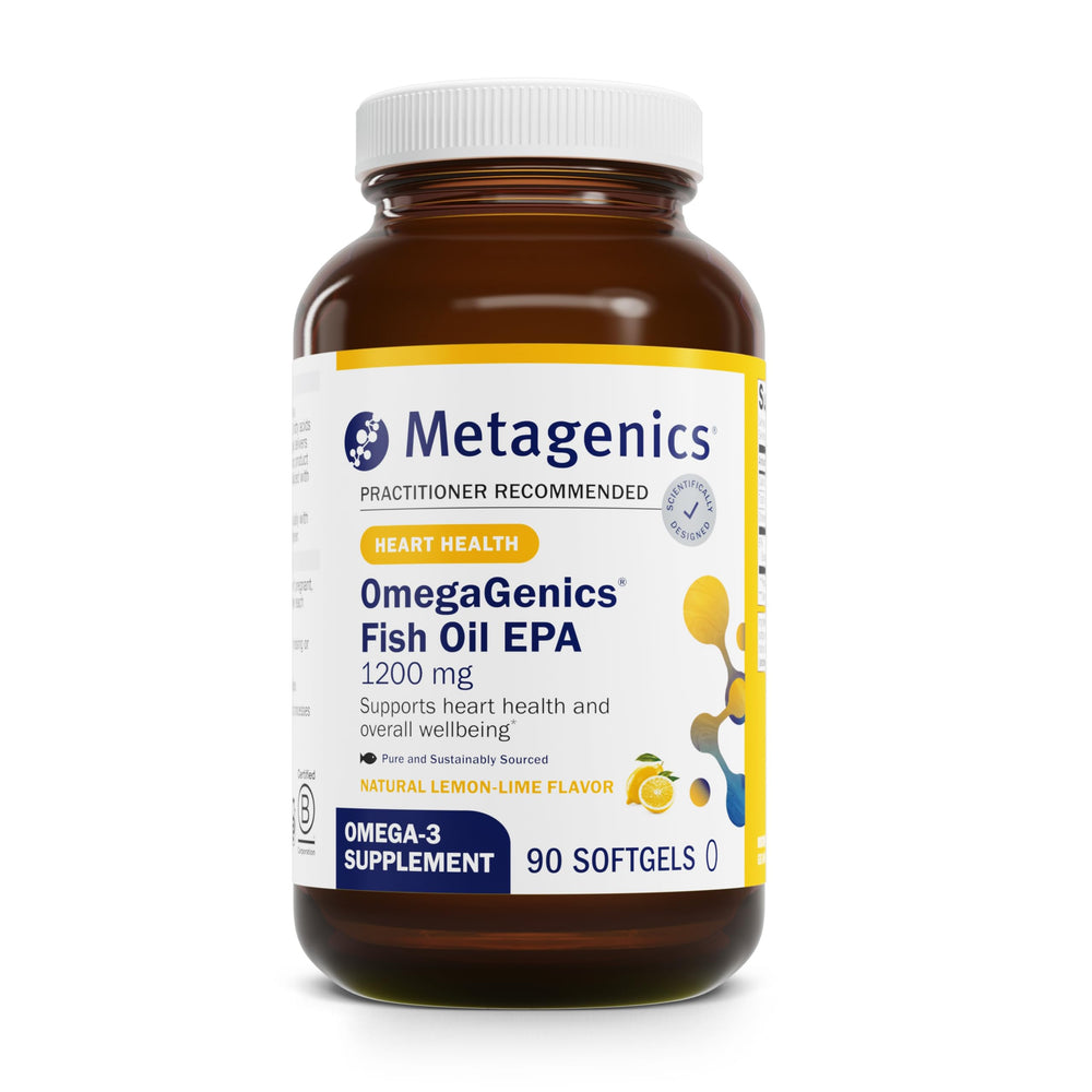 Metagenics OmegaGenics Fish Oil bottle front highlighting high-potency EPA for heart support