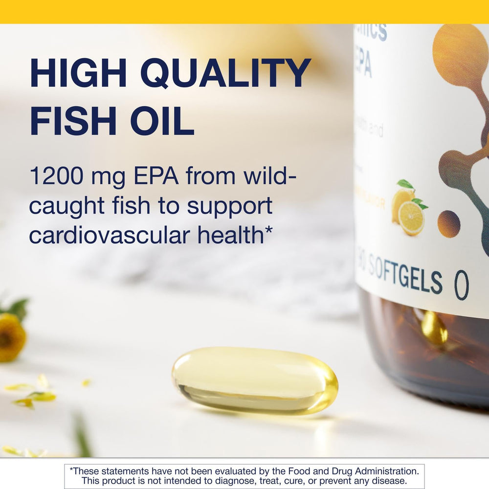 Metagenics OmegaGenics softgels closeup emphasizing enteric coating and freshness