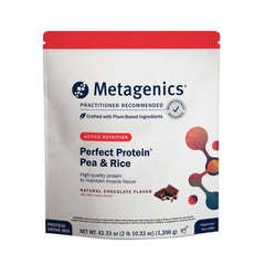 Metagenics Perfect Protein Pea & Rice chocolate tub for plant-based nutrition