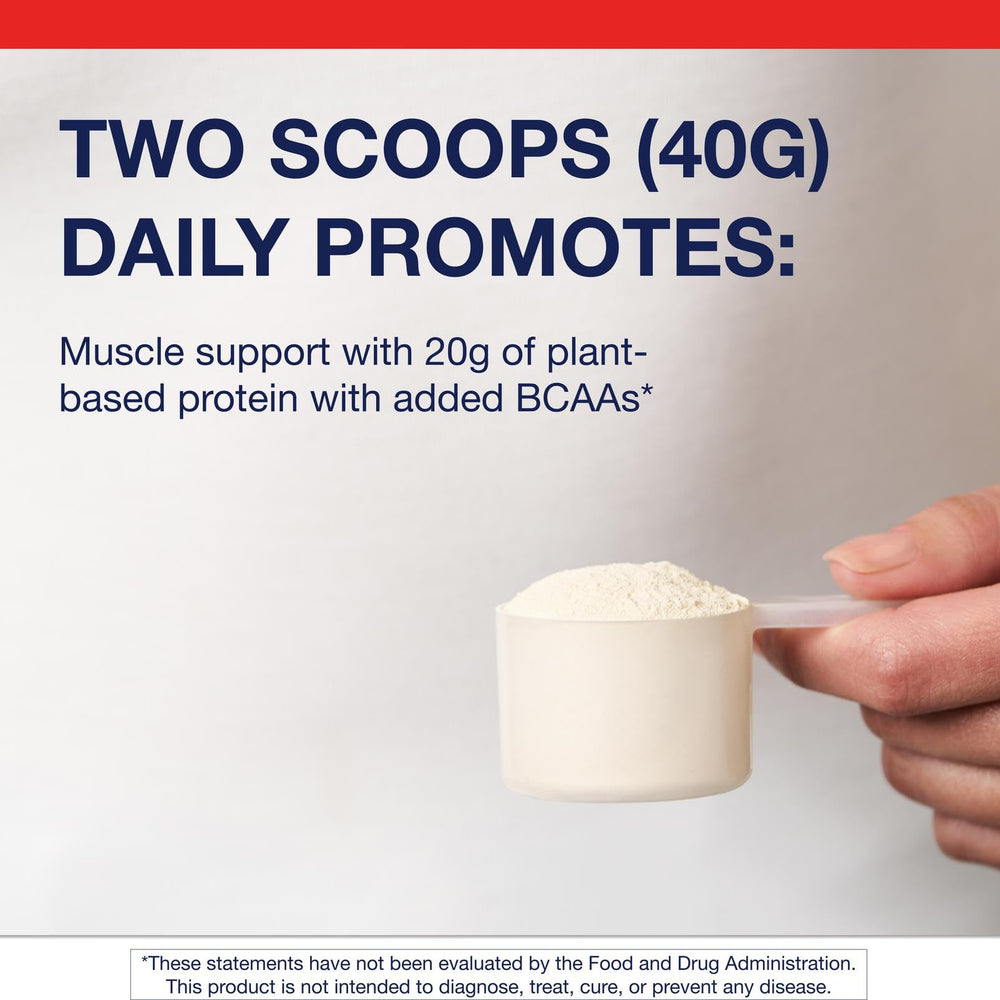 Metagenics Perfect Protein Pea & Rice vanilla powder pour demonstrates smooth mixability and convenient nutrition.