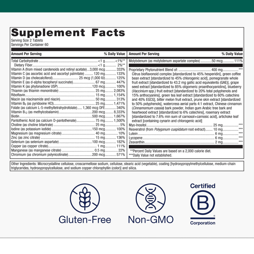 Metagenics PhytoMulti Without Iron tablets with nutrition facts