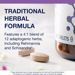 Metagenics Serenagen pills closeup emphasizing vegetarian, adaptogen-rich capsule texture.
