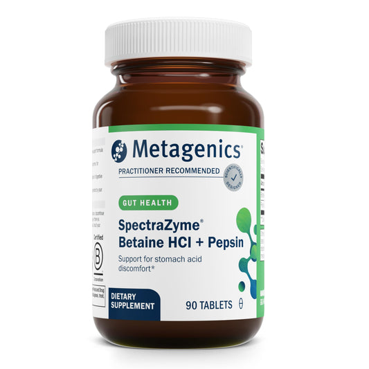 Metagenics SpectraZyme Betaine HCl bottle view showing capsules for protein digestion support.