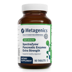 Metagenics SpectraZyme bottle highlighting enzyme blend for post-meal digestion support.