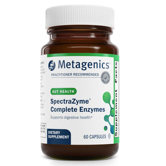 Metagenics SpectraZyme capsules close-up highlighting plant-based enzymes for digestion support