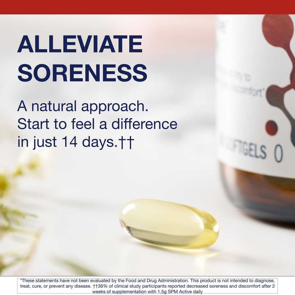 Metagenics SPM Active softgels pouring into hand, illustrating easy daily intake.