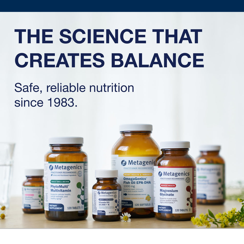 Third-party testing seal on Metagenics packaging signals purity and potency.