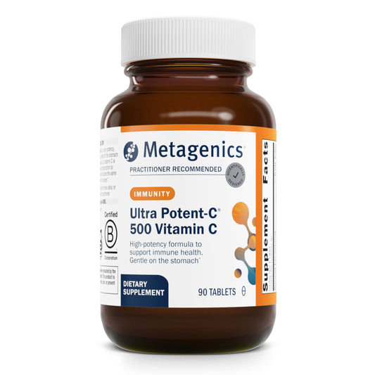 Metagenics Ultra Potent-C 500 bottle front view; buffered vitamin C for gentle daily use.