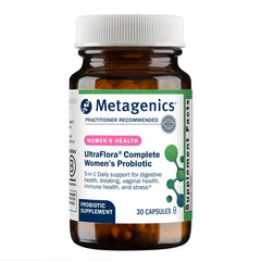 Metagenics UltraFlora Complete Women’s Probiotic bottle, shelf-stable for daily digestive support.