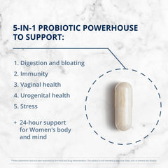Metagenics UltraFlora Complete Women’s Probiotic label highlighting five strains for balanced microbiome.