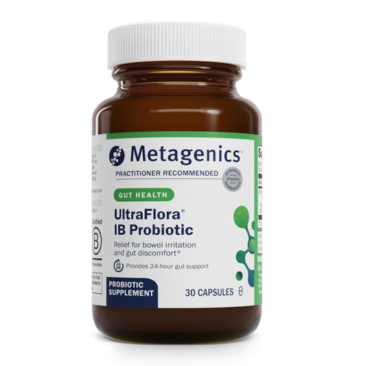 Metagenics UltraFlora IB probiotic bottle front promoting gut balance.