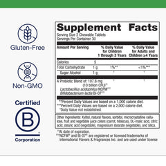 Label closeup for Metagenics UltraFlora Kids Probiotic ingredients and claims.