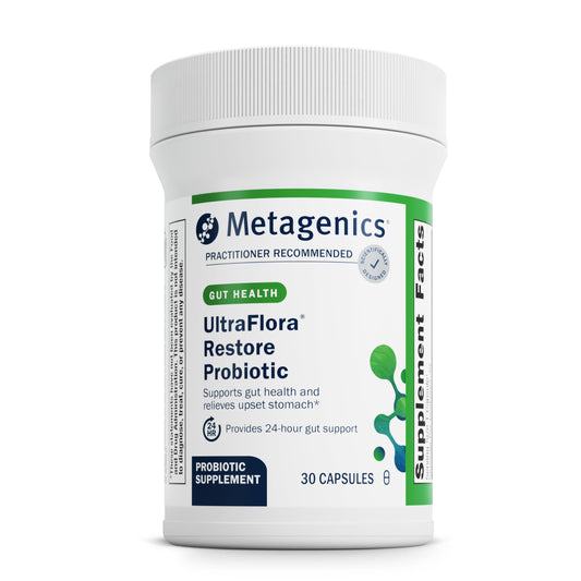 Metagenics UltraFlora Restore bottle front for daily gut support.