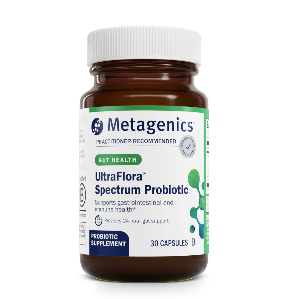 Metagenics Ultraflora Spectrum bottle label promoting gut health.