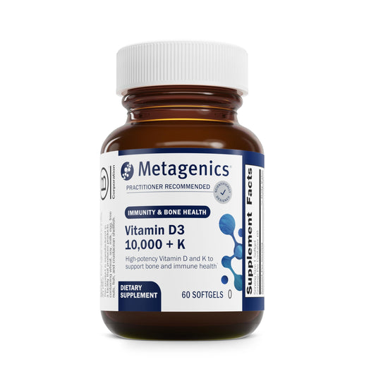 Metagenics Vitamin D3 + K bottle for daily immune and bone support.