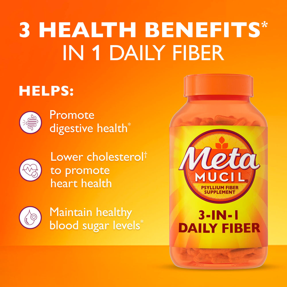 Metamucil 3-in-1 fiber bottle showcases versatile digestive support.