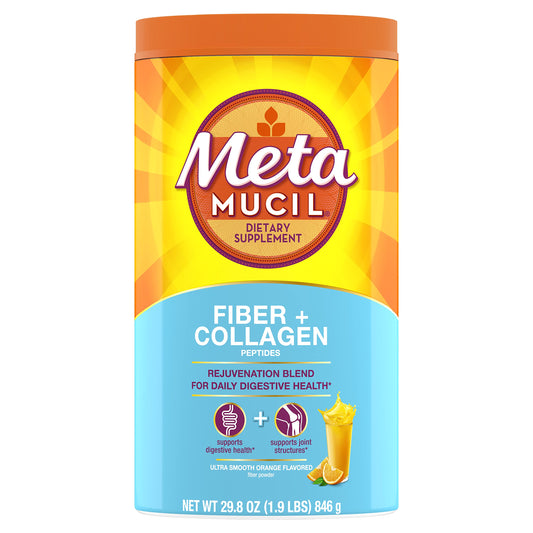 Metamucil Daily Fiber and Collagen orange powder ready to mix for a smooth digestive routine.