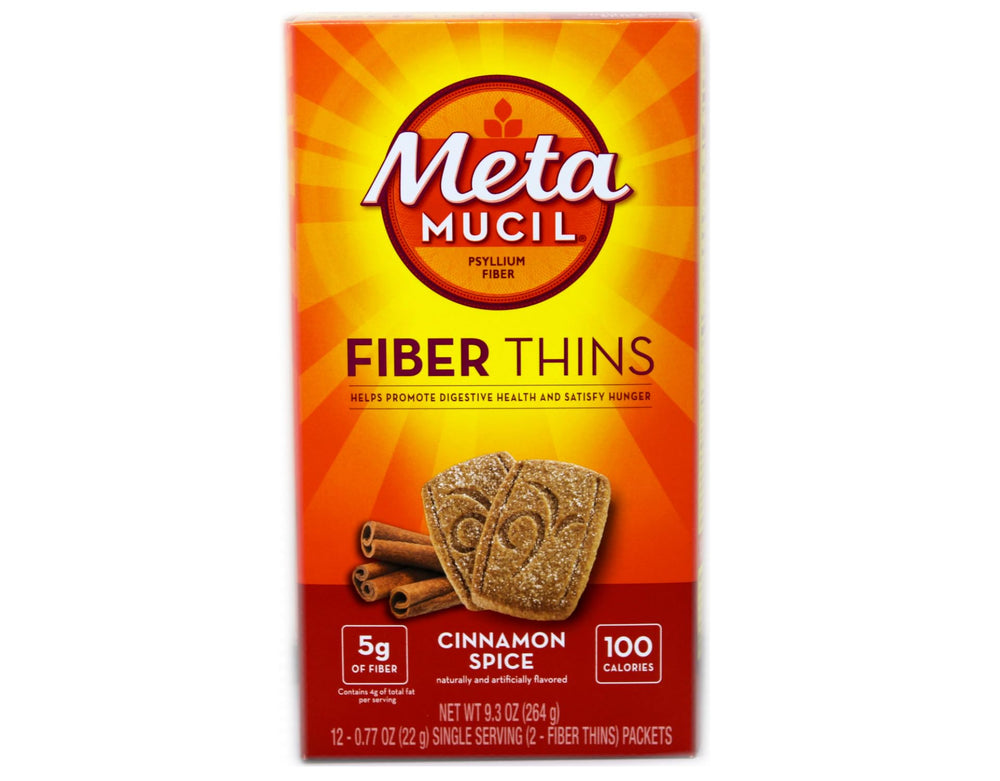 Metamucil Fiber Thins Cinnamon Spice box front for on-the-go daily fiber