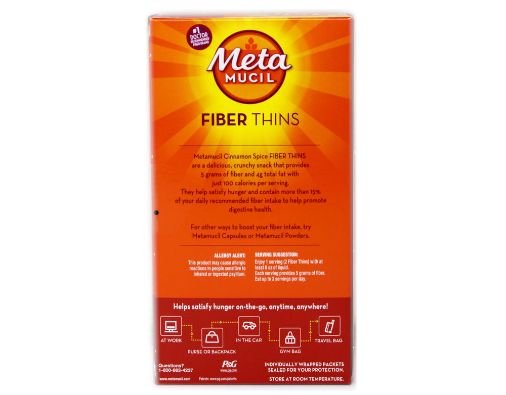 Metamucil Fiber Thins Cinnamon Spice on-the-go packaging for travel