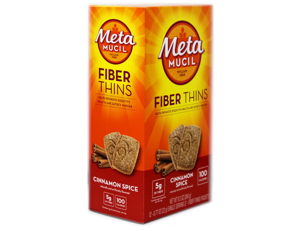Metamucil Fiber Thins Cinnamon Spice packets close-up; 5 g fiber per serving
